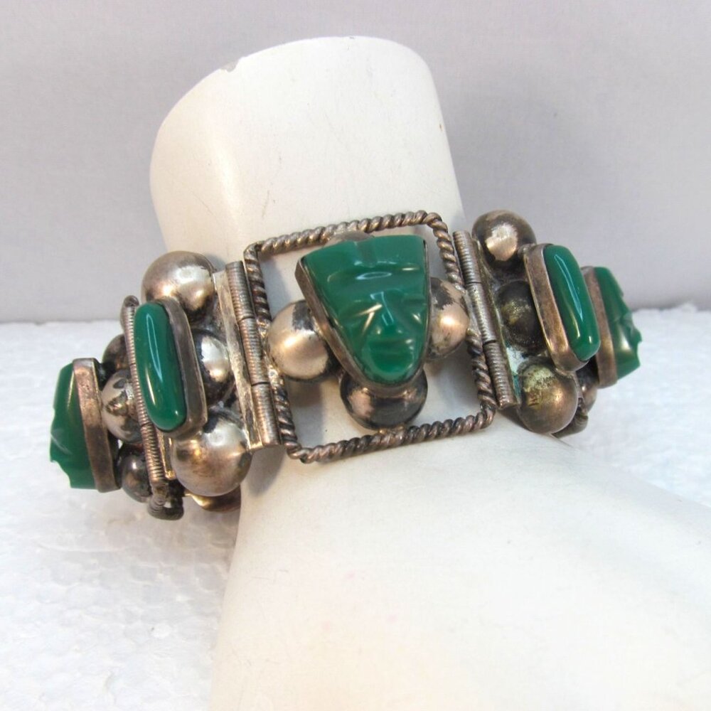Sterling Silver Carved Green Onyx Tribal Face Mexican Link Bracelet Size 6.75
